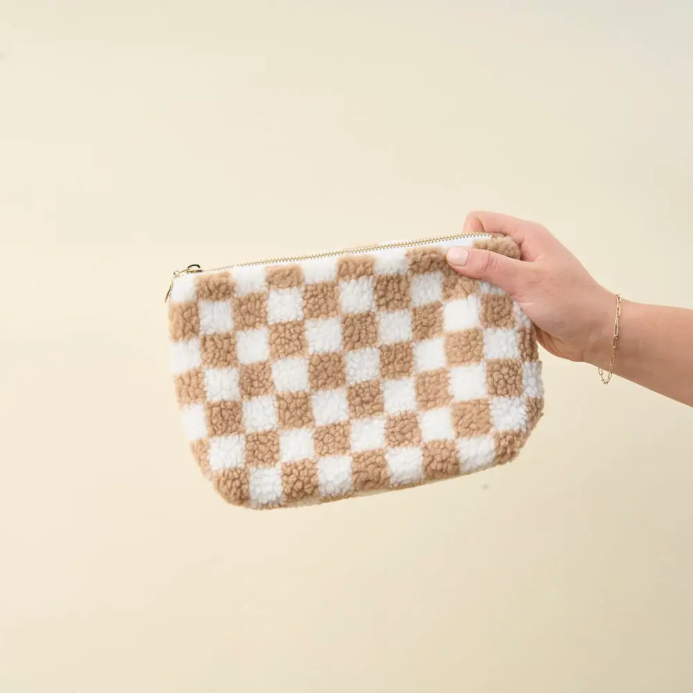 Tan Checker Teddy Pouch
