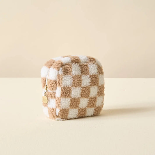 Tan Checker Square Teddy Pouch
