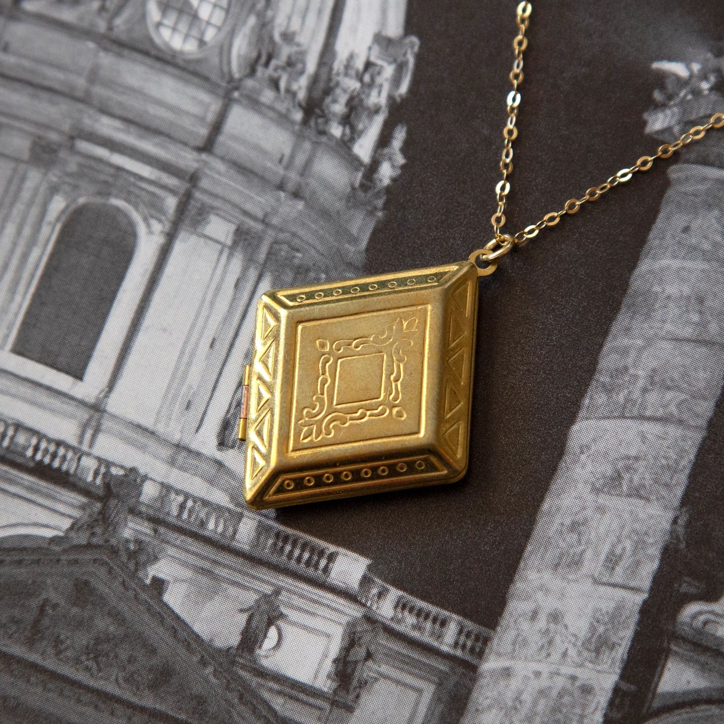 Vintage Large Brass Diamond Locket Necklace