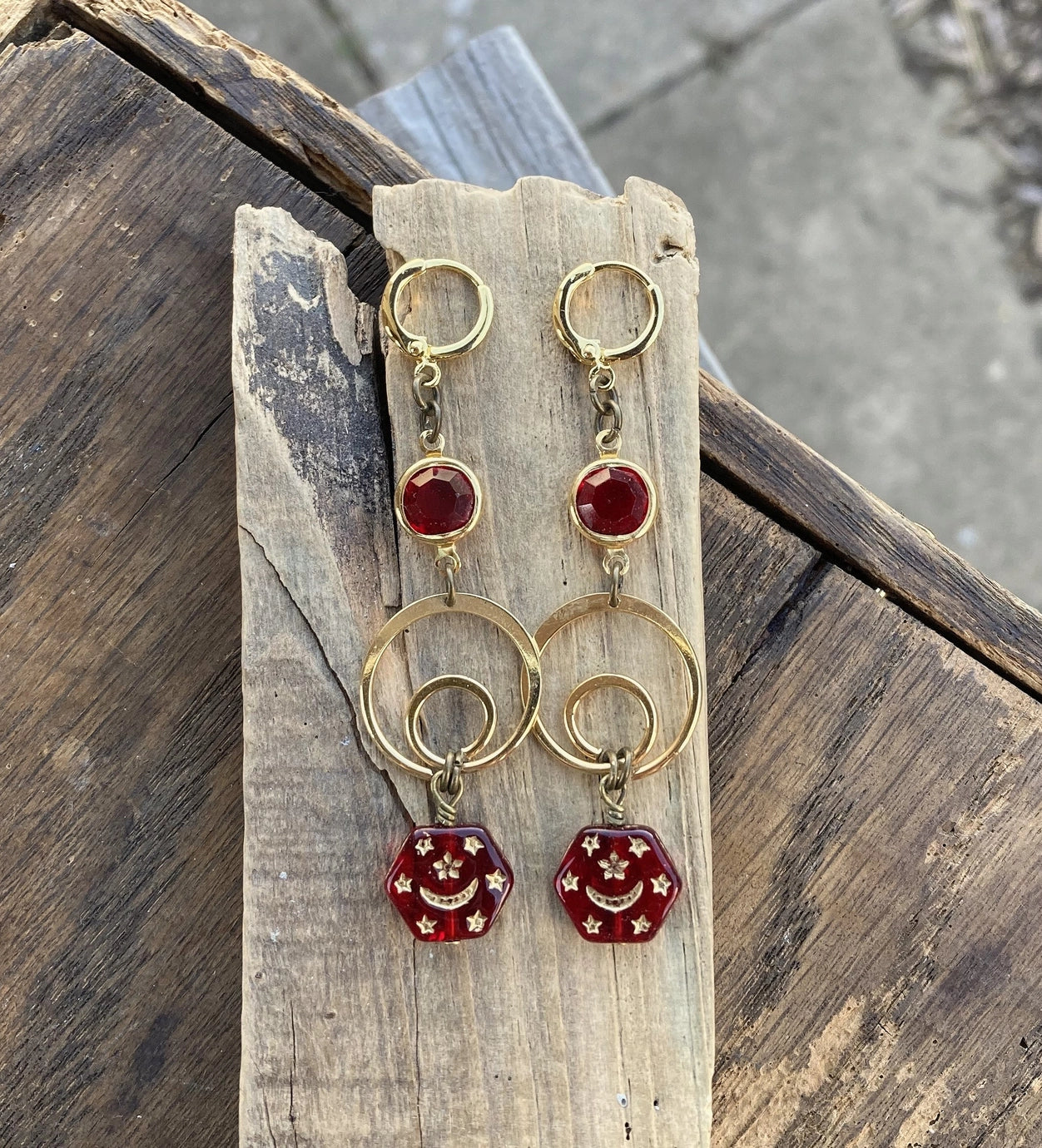 Red & Gold Crystal Moon & Star Earrings