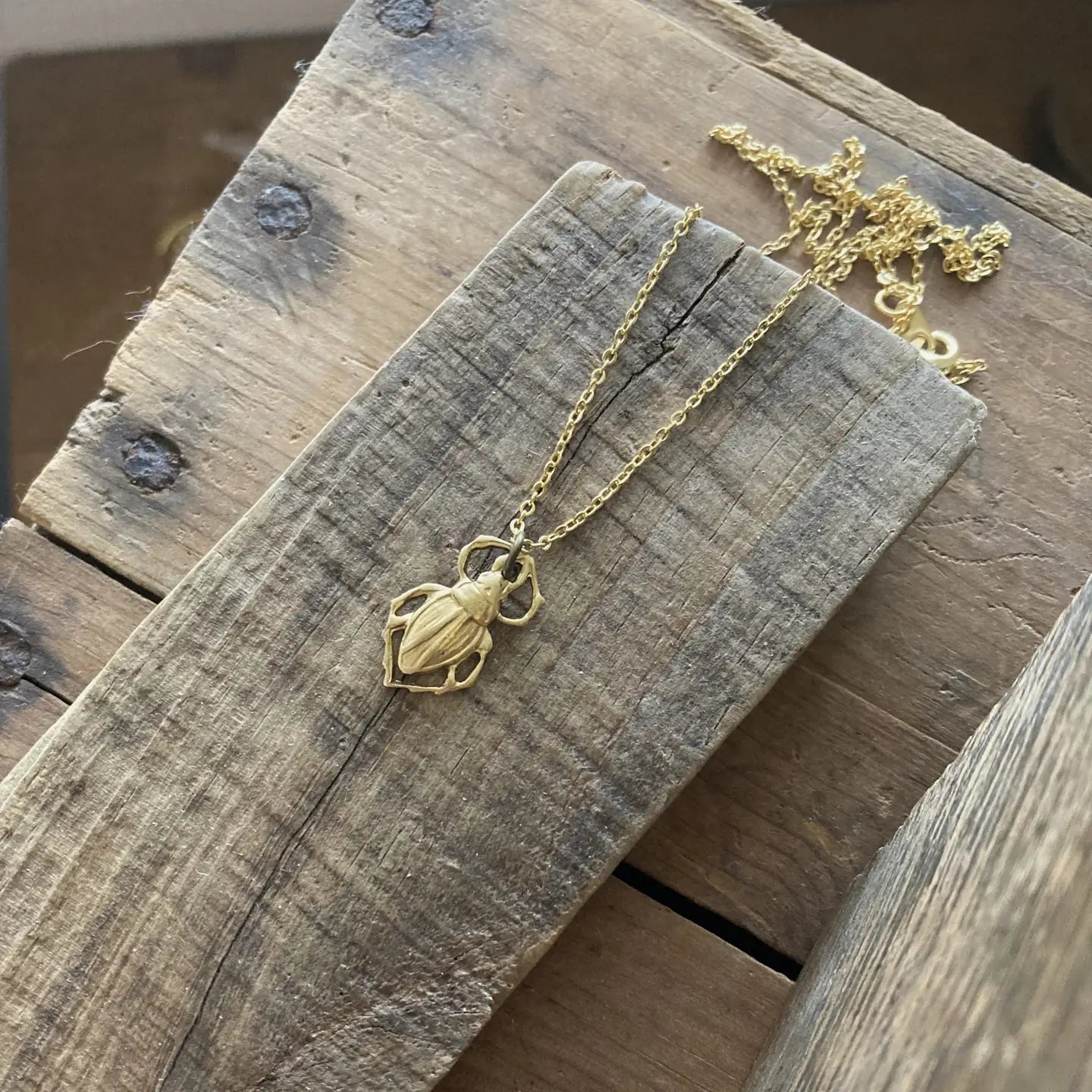 Tiny Brass Beetle Bug Charm Necklace