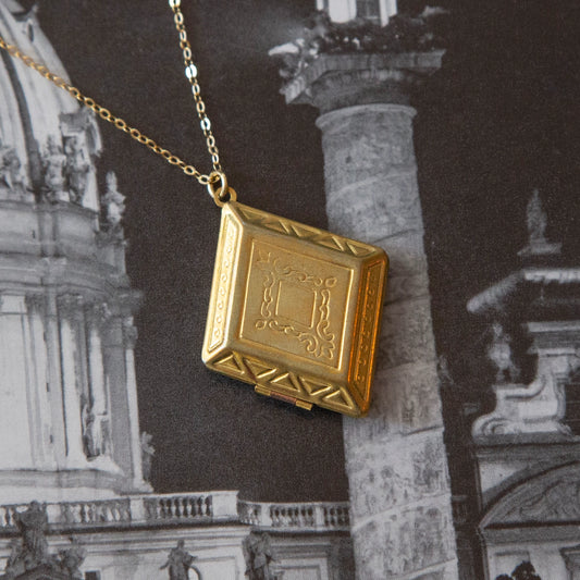 Vintage Large Brass Diamond Locket Necklace