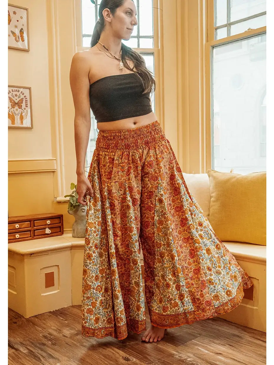 Hippie Boho Wide Leg Patchwork Silk Pants Flow Trousers Orange Cream The Homebody Collective