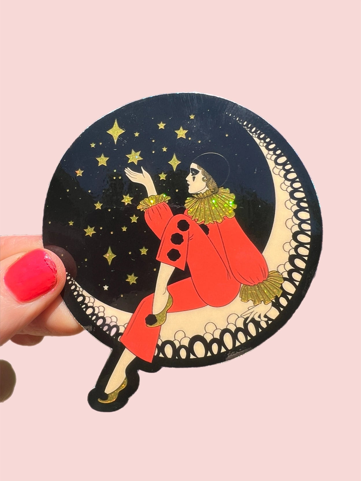 Pierrot Clown On the Moon Glitter Sticker