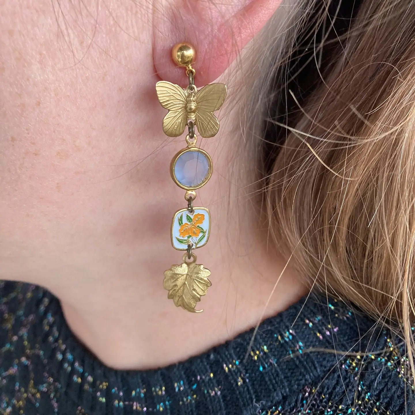 Nature Study Brass & Crystal Charm Earrings