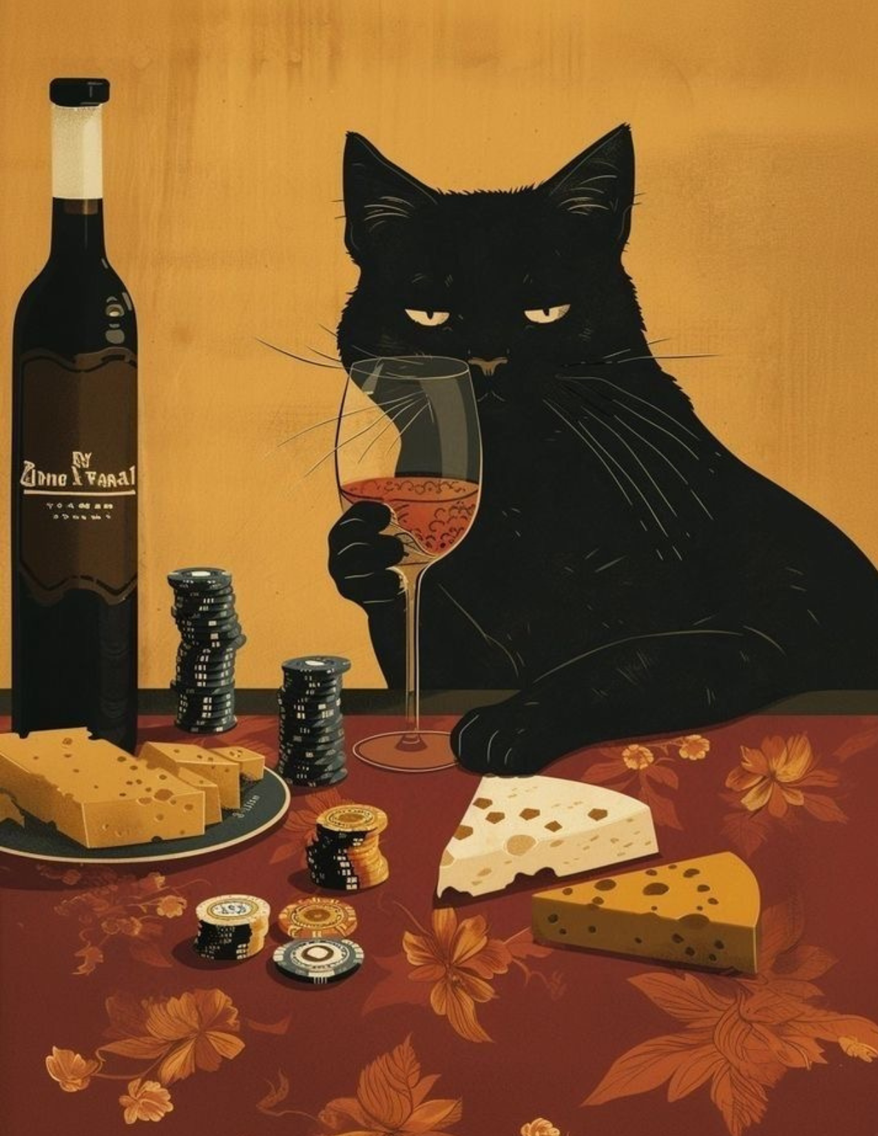 Black Cats Drink Wine Postcard