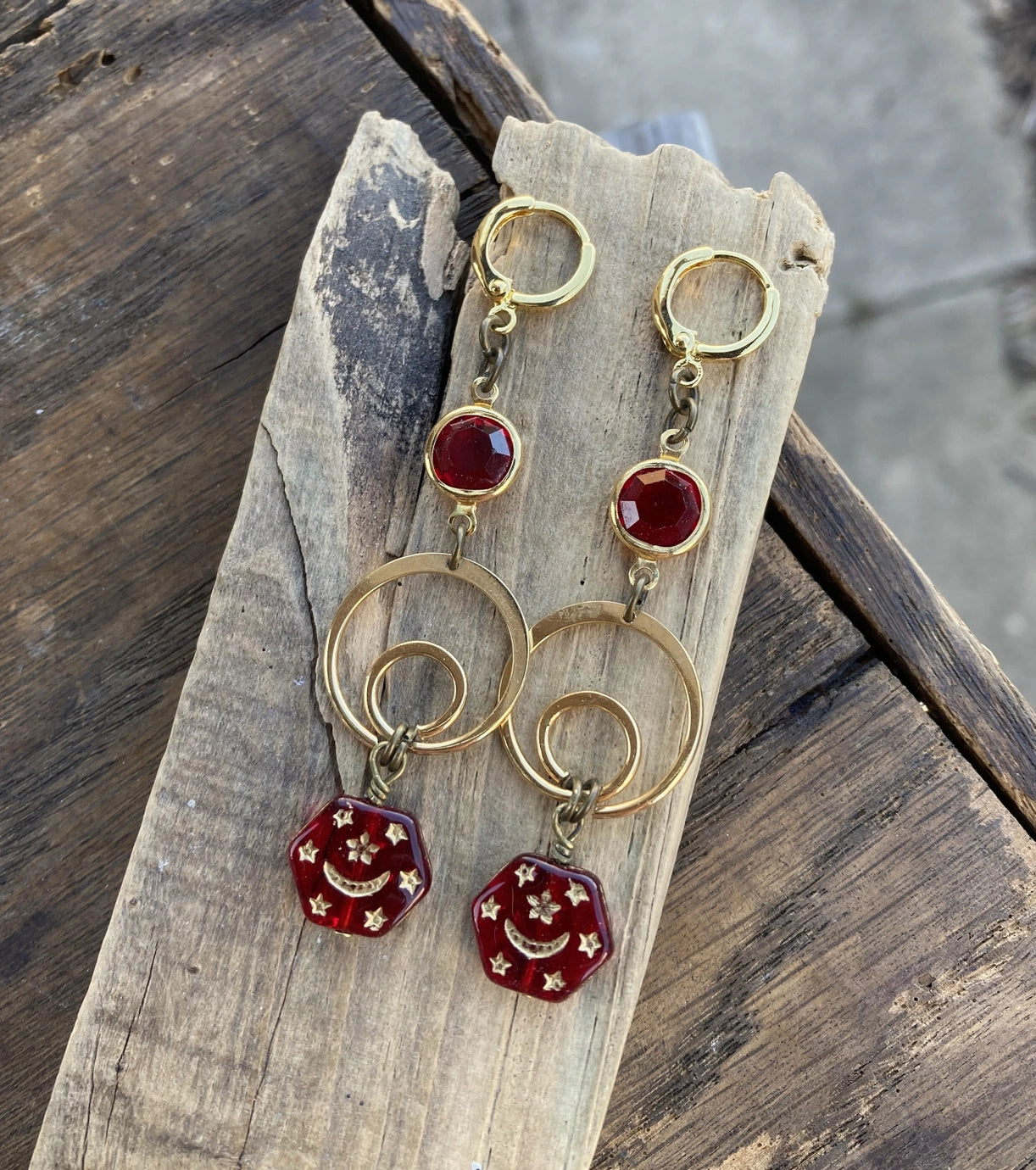 Red & Gold Crystal Moon & Star Earrings