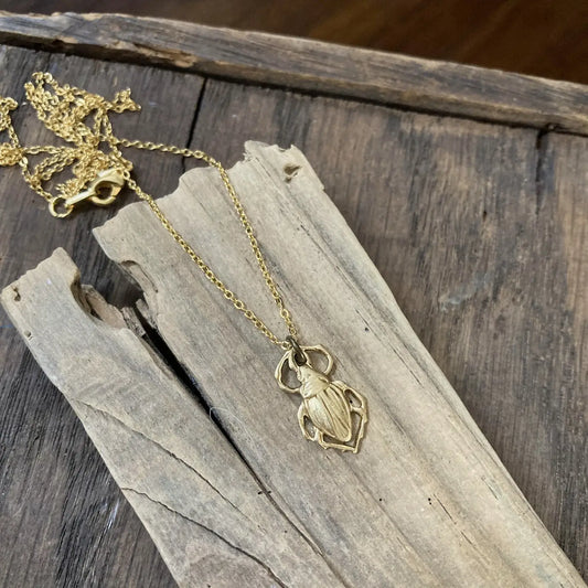 Tiny Brass Beetle Bug Charm Necklace