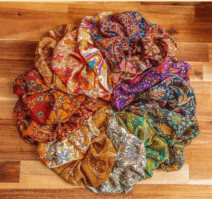 Boho Oversized Silk Floral Hair Scrunchies, Hippie Bohemian