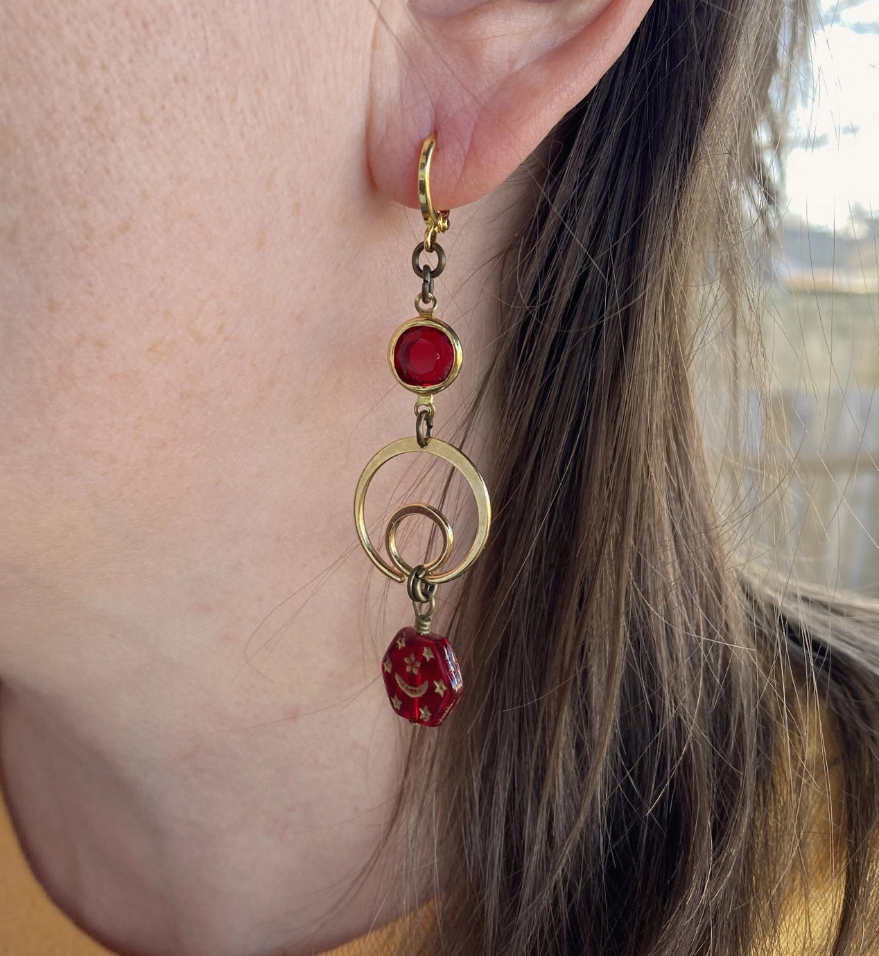 Red & Gold Crystal Moon & Star Earrings