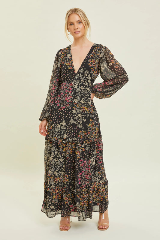 Dark Floral Ruffled Tiered Maxi