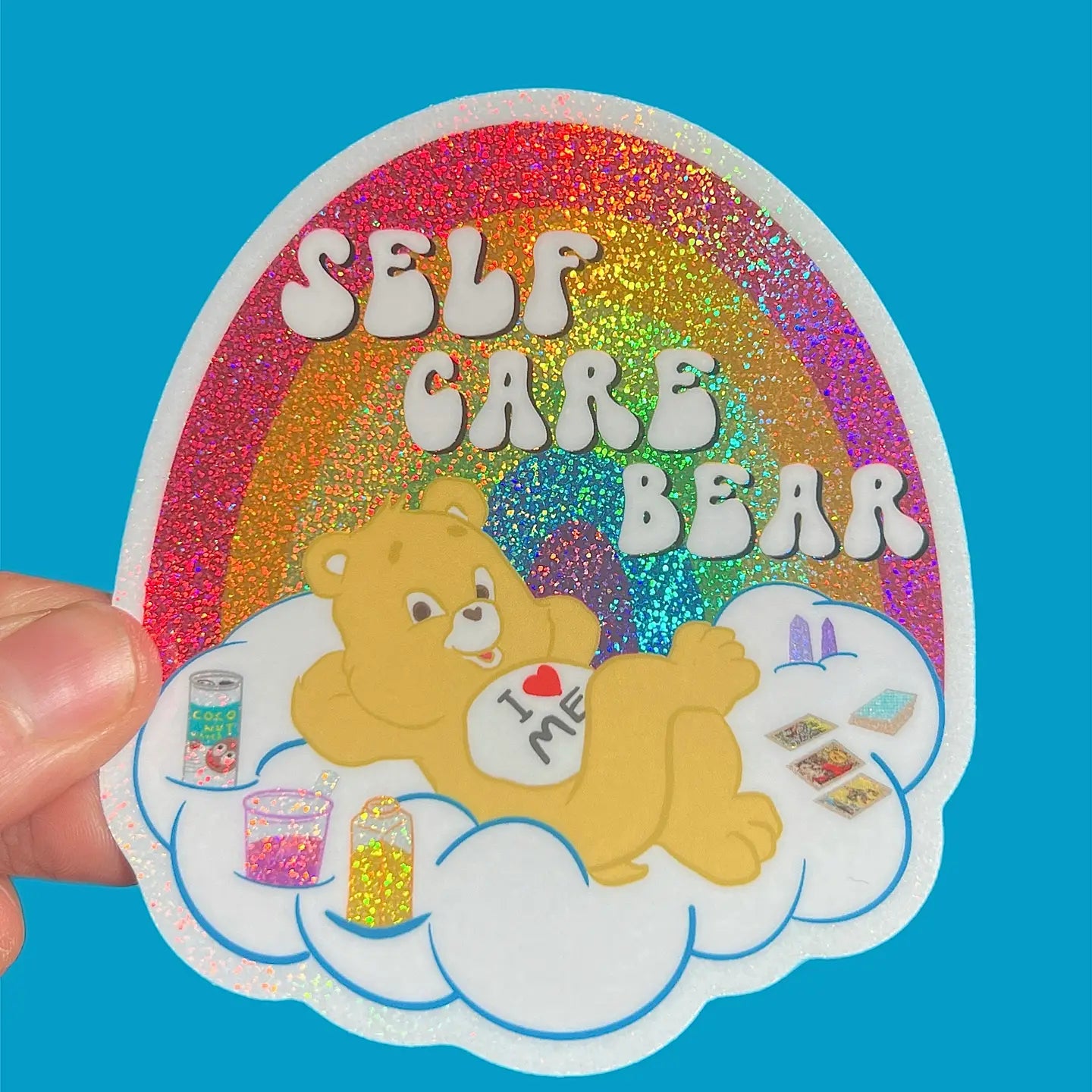 Self Care Bear Glitter Sticker 3 Inch