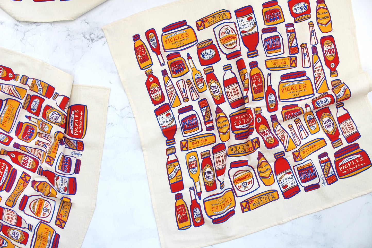 Condiments, Ketchup, Hot Sauce, Bbq Print Tea Towel