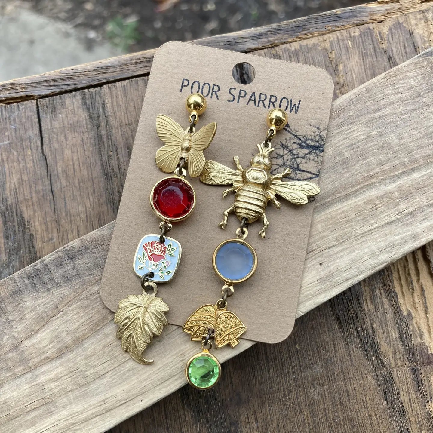 Nature Study Brass & Crystal Charm Earrings