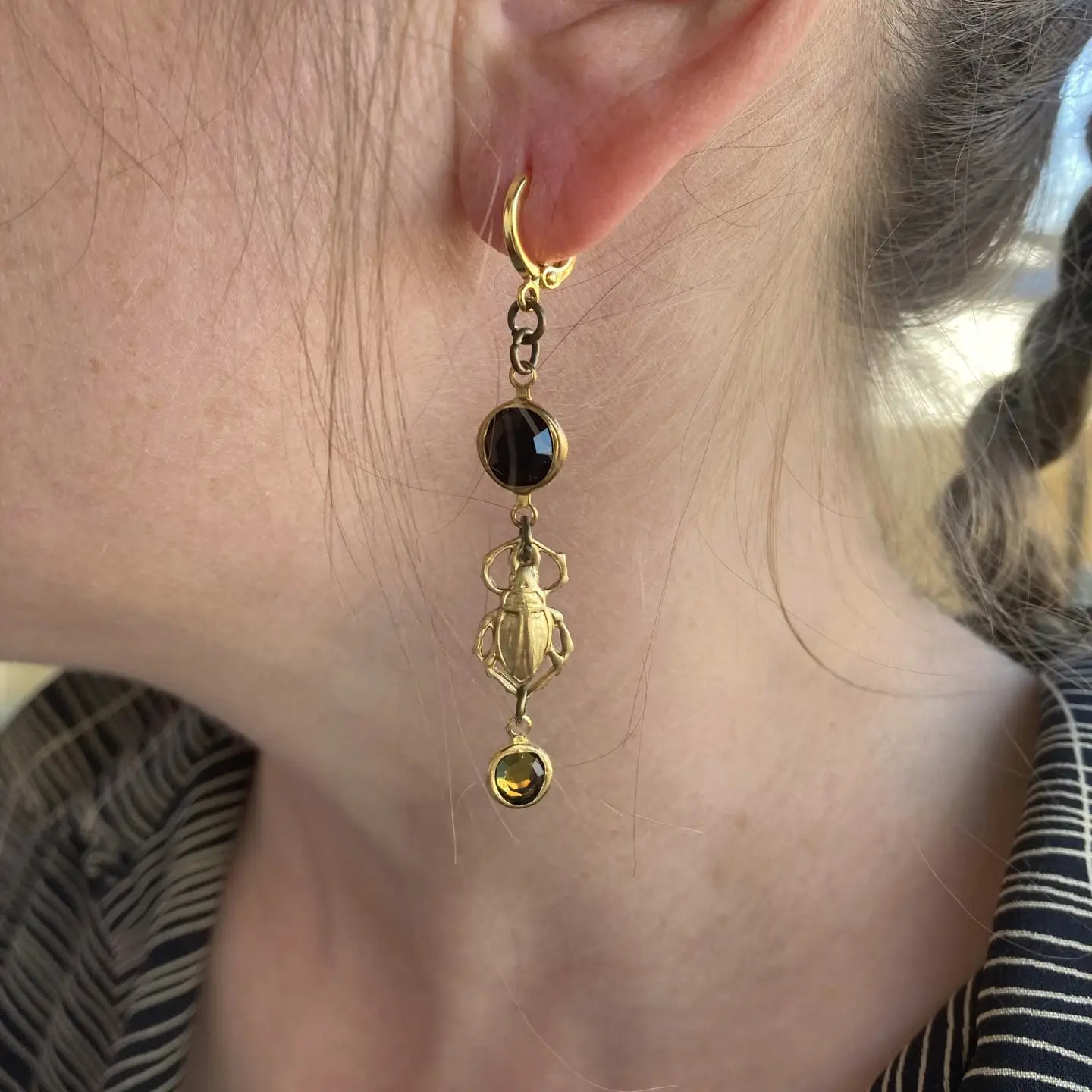 Brass & Crystal Beetle Huggie Hoop Earrings