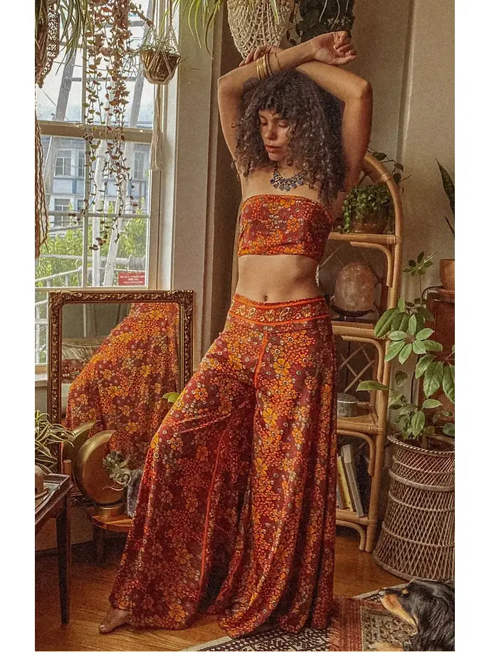 Hippie Boho Palazzo Pants - Red Flower