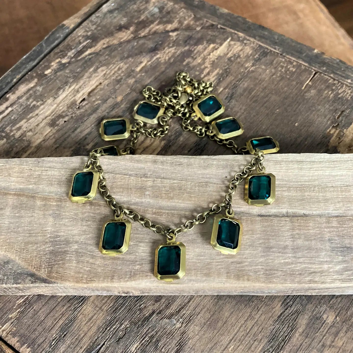Emerald Jewel Brass Choker Necklace