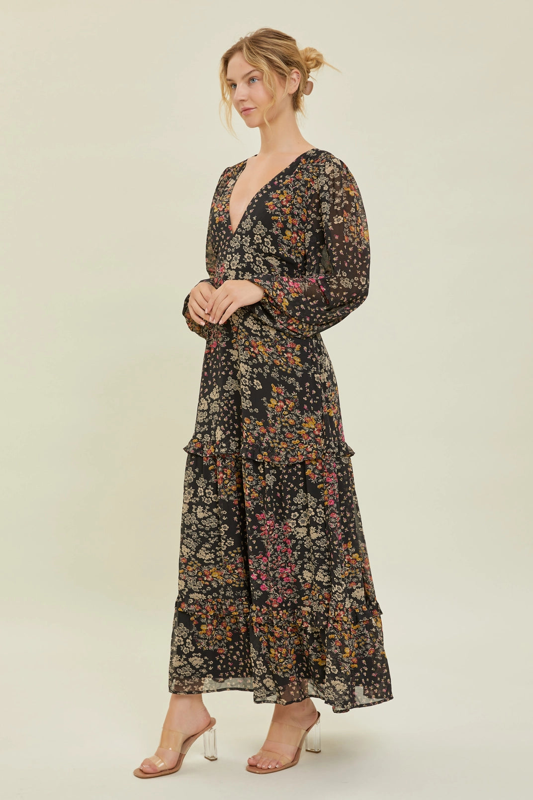 Dark Floral Ruffled Tiered Maxi