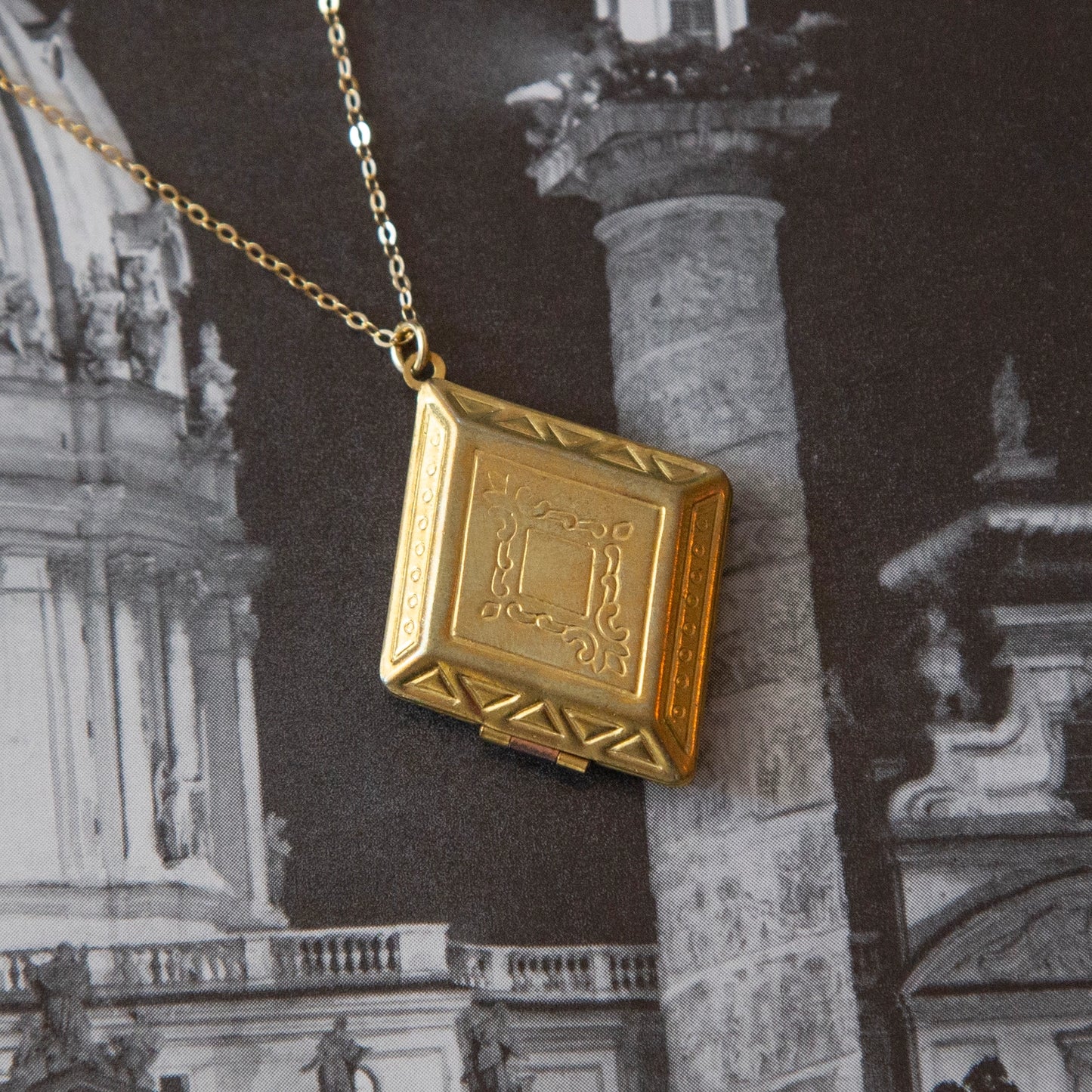 Vintage Large Brass Diamond Locket Necklace