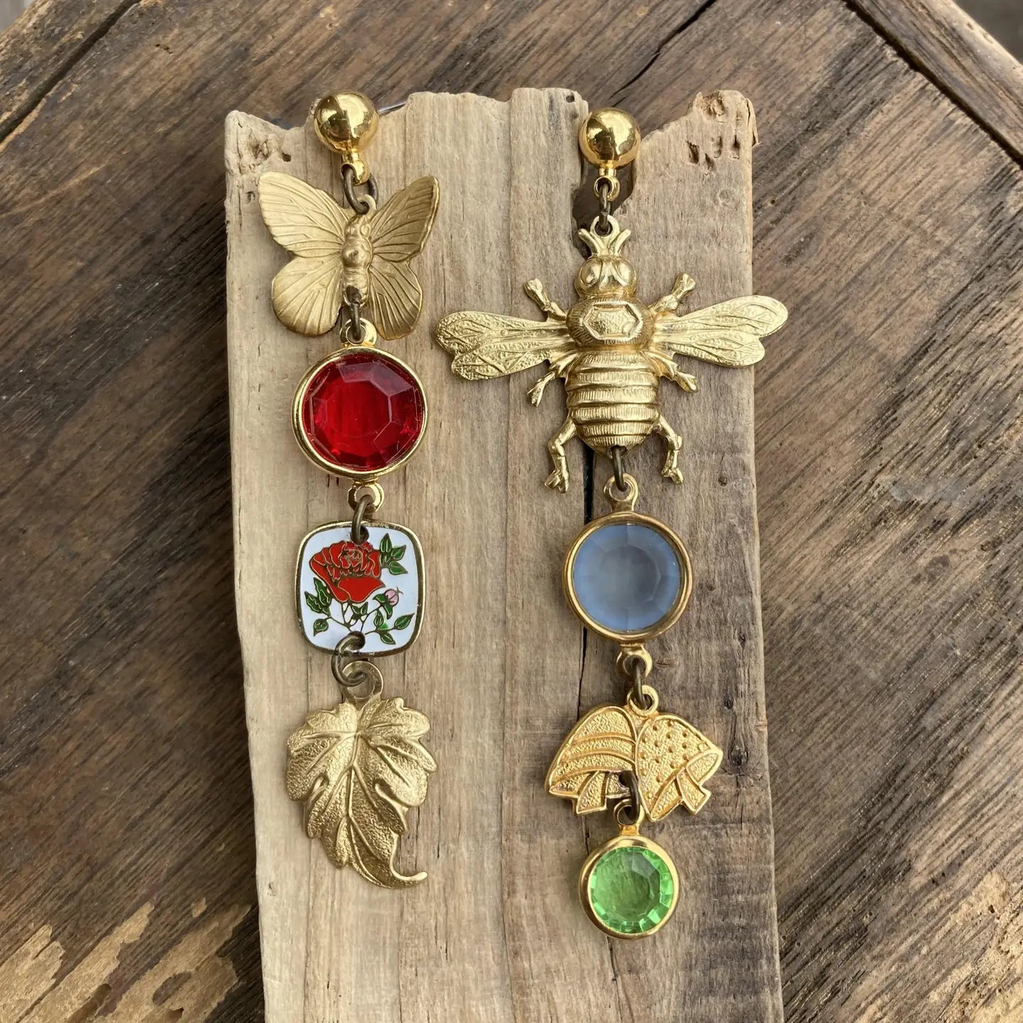 Nature Study Brass & Crystal Charm Earrings