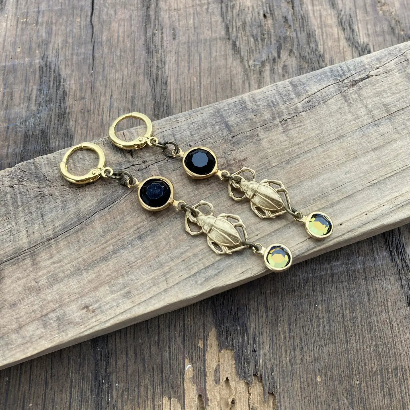 Brass & Crystal Beetle Huggie Hoop Earrings