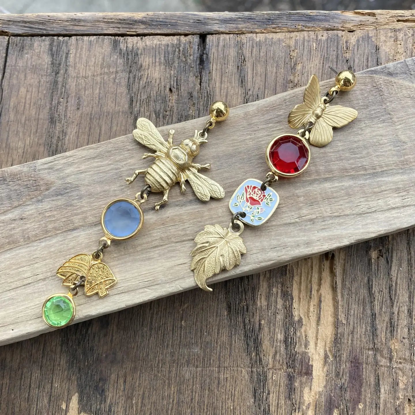 Nature Study Brass & Crystal Charm Earrings