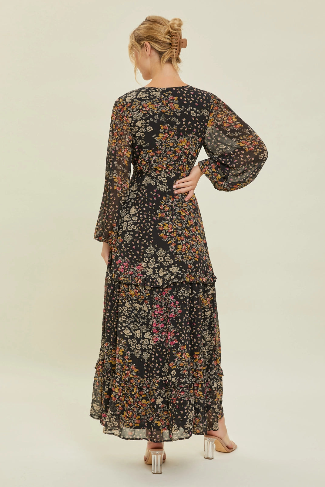 Dark Floral Ruffled Tiered Maxi